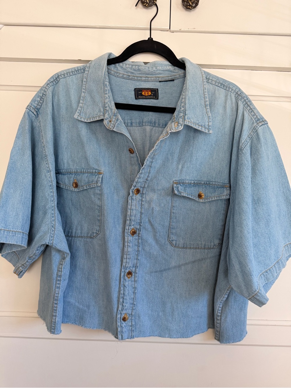 Vintage Oversized Cropped Denim Short Sleeve Button Down Shirt